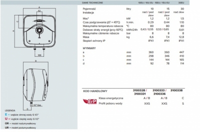 ARISTON ANDRIS R elektryczny pojemnościowy ogrzewacz wody NADUMYWALKOWY - 10 litrów