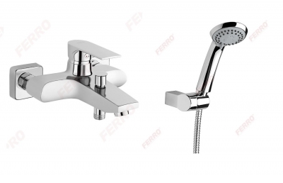 FERRO Bateria wannowa ścienna Algeo Square  +  zestaw natryskowy SOLE