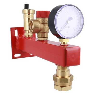 AFRISO Grupa bezpieczeństwa kotla BSS, Nmax UDT 73,6 kW, z zaworem bezpieczeństwa MS 3 bar, z przyłączem do naczynia przeponowego z szybkozłączem