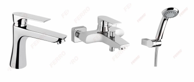 FERRO Bateria wannowa ścienna Algeo Square  + umywalkowa stojąca +  zestaw natryskowy SOLE