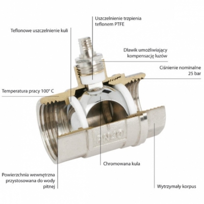 FERRO Zawór kulowy wodny 2 1/2 cala ze stalową rączką z dławikiem, nakrętno-nakrętny