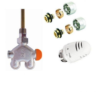 HERZ zawór termostatyczny 4-drog grzejnikowy VUA40 katowy + głowica + złączki PEX