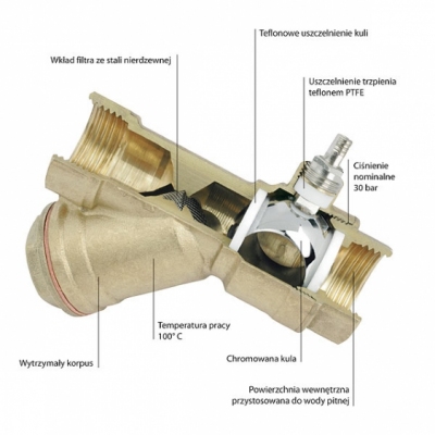 FERRO Zawór kulowy wodny 1/2 cala , z dławikiem i filtrem skośnym