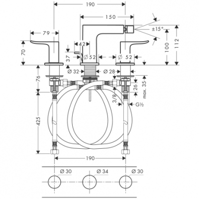 HANSGROHE Metris 3-otworowa bateria bidetowa, DN15