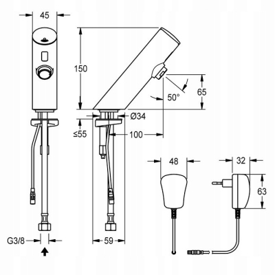FRANKE KWC Elektroniczny kran słupkowy F3E z zasilaczem wtykowym F3EV1002