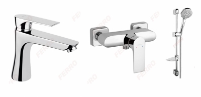 FERRO Algeo Square Bateria natryskowa ścienna + bateria umywalkowa +  zestaw natryskowy TUTTI