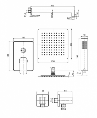 VALVEX - CARRE  zestaw podtynkowy z deszczownicą kwadratową 250 mm - KOMPLETNY