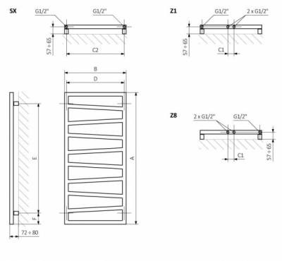 TERMA grzejnik łazienkowy ZIG ZAG 500 x 1070 mm BIAŁY podłączenie środkowe Z8